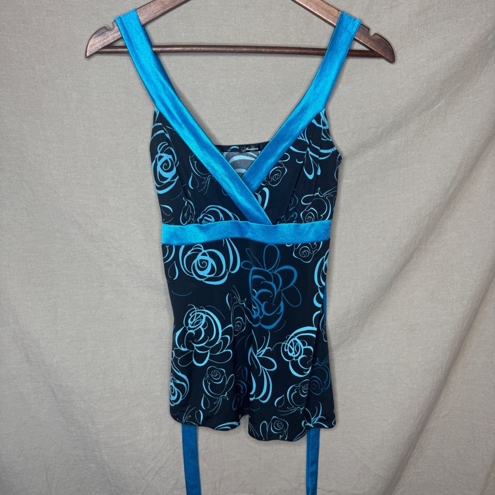 Maurices Y2K Floral Rose Print Camisole Top Blue Black Satin Trim Tie Back L